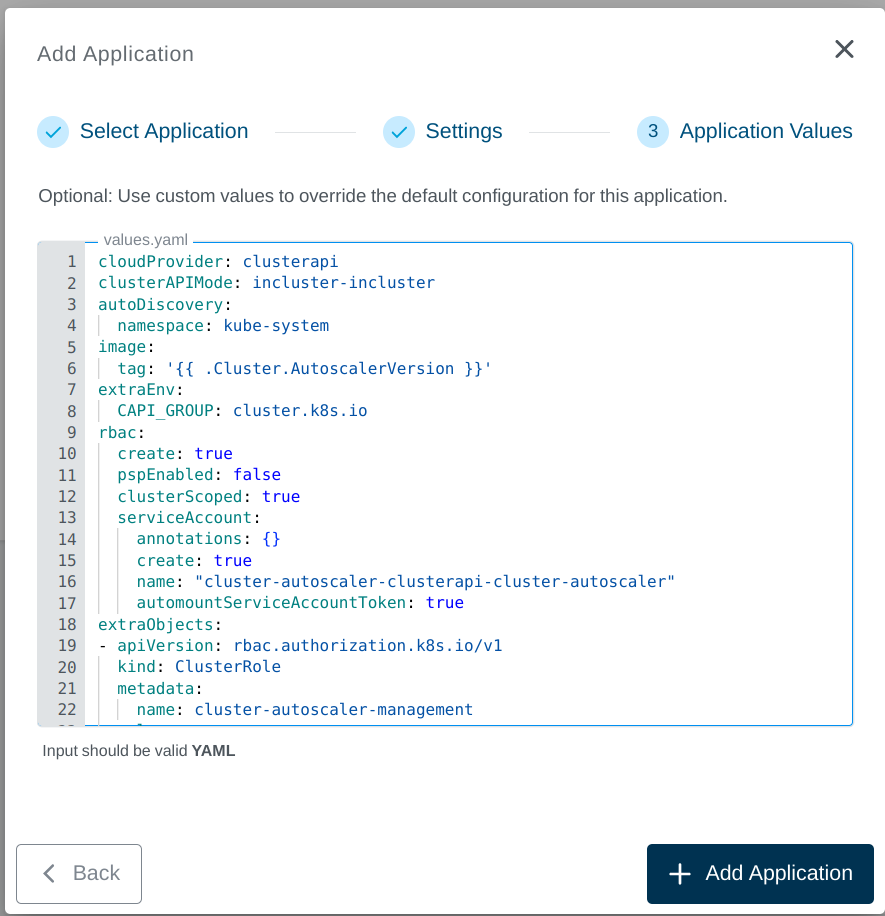 Application Values for Cluster Autoscaler Application